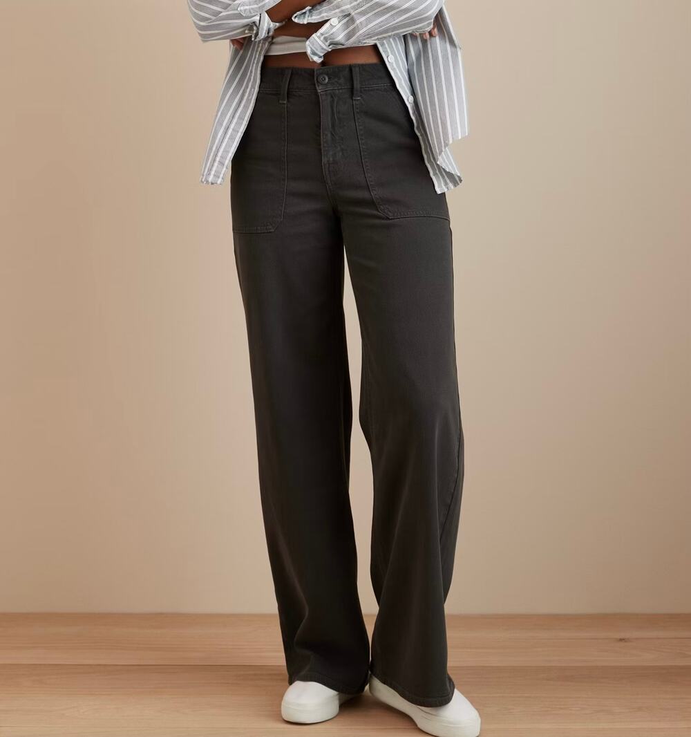AMERICAN EAGLE Super High Rise Baggy Wide Leg Pants Dark Olive 00